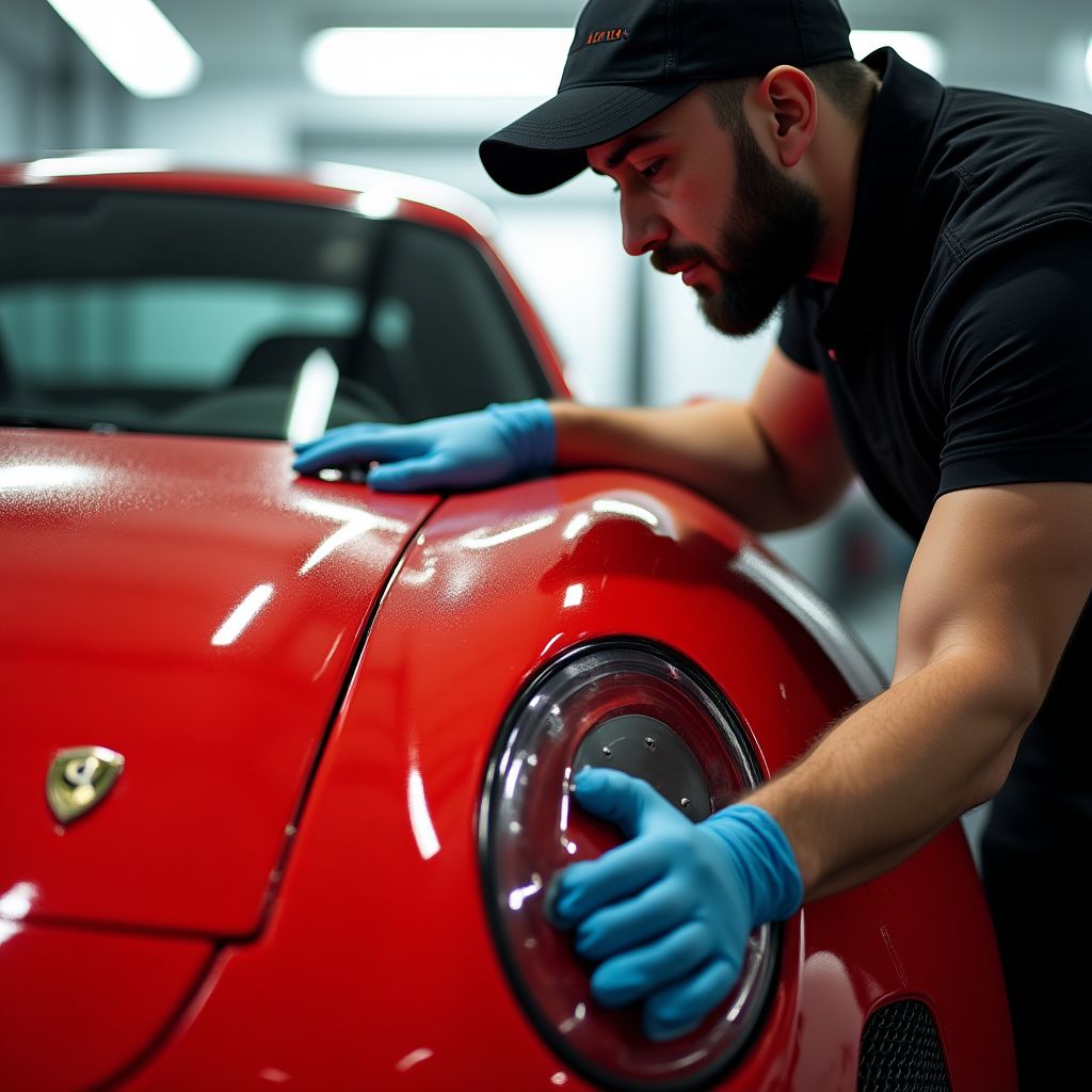 Tehnicieni AutoS lucrând cu atenție la detalii pe o mașină sport